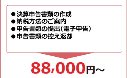 ●申告書類の作成 ●納税方法のご案内 ●申告書類の提出(電子申告) ●申告書類の控え返却 88,000円~
